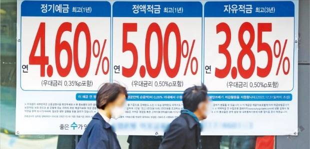 기준금리가 올랐는데도 금융당국이 은행들에 예금금리 인상 자제를 주문하면서 주요 시중은행에서 연 5%대 정기예금이 사라지고 있다. 서울 시내 한 은행 영업점 앞에 정기예금 금리 안내문이 붙어 있다. /연합뉴스