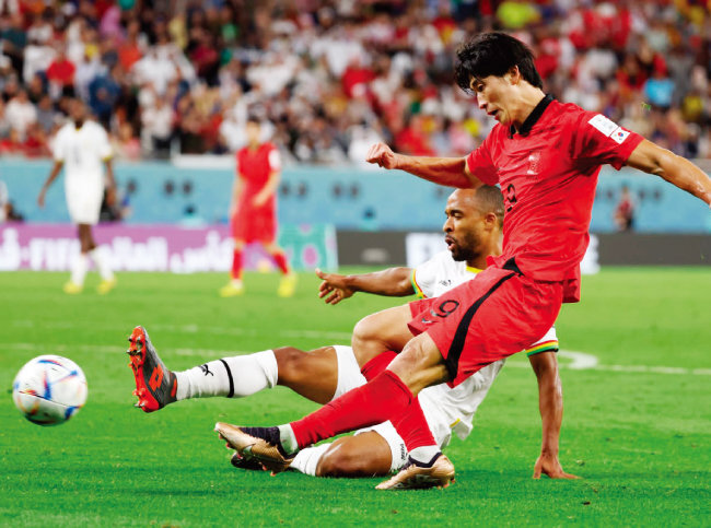 11월 28일 2022 카타르 월드컵 H조 2차전 대한민국과 가나의 경기에서 조규성이 슈팅을 하고 있다. [뉴시스]