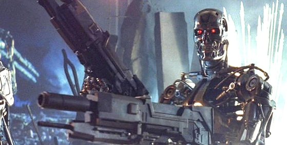 SF 영화 '터미네이터'에서 킬러로봇인 T-800이 플라즈마건을 들고 있는 모습. Terminator Wiki