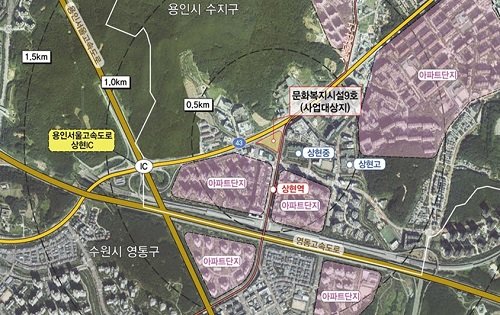 용인시 수지구 상현동 광교택지지구 다목적 스포츠센터 건립 예정지 위치도. 사진제공 | 용인특례시