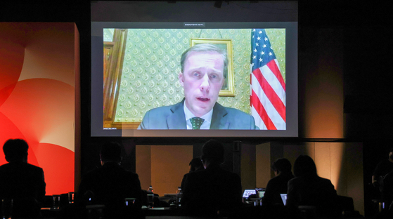 U.S. National Security Advisor Jake Sullivan speaks via video livestream at the JoongAng-CSIS Forum on Thursday. [WOO SANG-JO]
