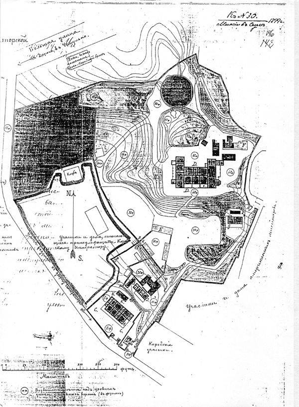 러시아 공사관 배치도 (1899년) (출처 김정신 등, ‘구한말 서울 정동의 러시아공사관에 대한 복원적 연구’, <건축역사연구> 19(6), 2010, 참조)