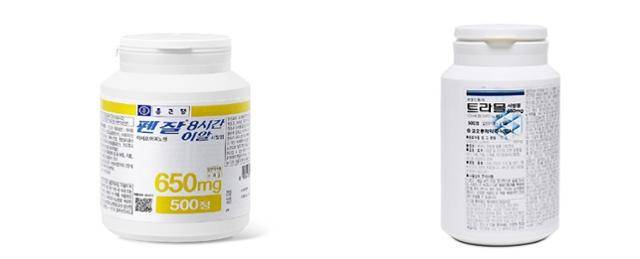 아세트아미노펜 650㎎가 주성분인 펜잘이알서방정(왼쪽)과 트라몰서방정. 종근당·코오롱제약 홈페이지 캡처