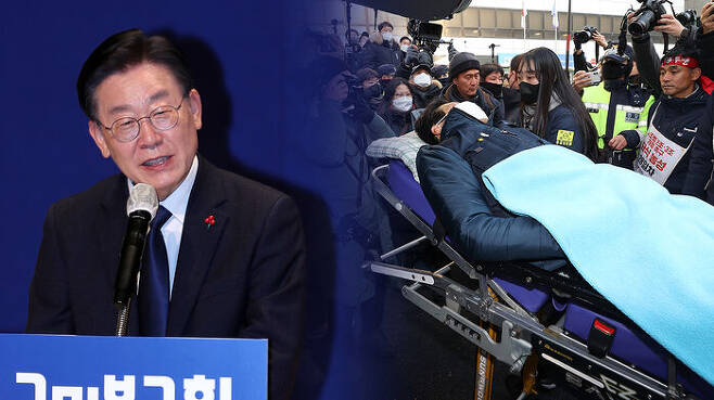 더불어민주당 이재명 대표(왼쪽)-구급차로 이송되는 유최안 부지회장(오른쪽) (사진=연합뉴스)