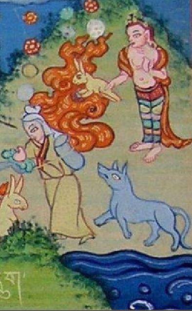 제석천이 불길에서 토끼를 구하는 모습, 본생경(부처의 전생 설화집) 중 부분, 19세기, 몽고 자나바자르 불교미술박물관 소장