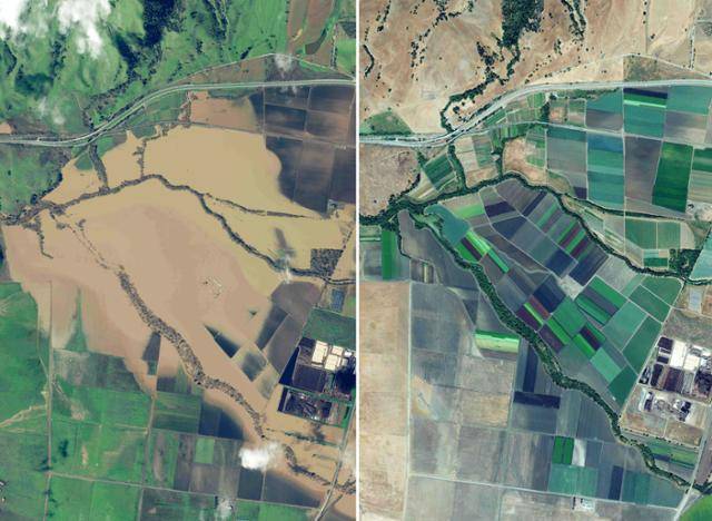 미국 캘리포니아주 일대에 3주 동안 폭풍우가 몰아쳐 최소 20명이 사망하고 가옥 수 1,000여 채가 파손되는 피해가 발생한 가운데 17일 캘리포니아 카르나데로 보호구역의 농지가 흙탕물에 침수됐다. 오른쪽 사진은 작년 7월 17일 잘 정비된 농지 모습. 카르나데로=AFP 연합뉴스