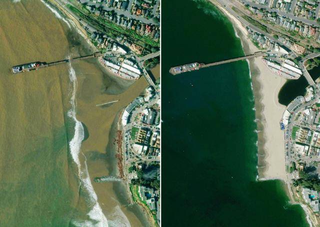 미국 캘리포니아주 일대에 3주 동안 폭풍우가 몰아쳐 최소 20명이 사망하고 가옥 수 1,000여 채가 파손되는 피해가 발생한 가운데 17일 캘리포니아주 캐피톨라 부두가 손상되고 흙탕물로 뒤덮였다. 오른쪽 사진은 작년 10월 26일 폭우 피해가 발생하지 않은 모습. 캐피톨라=AFP 연합뉴스