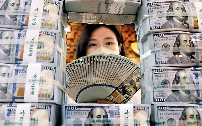 경제성장 없이 시중에 자금이 늘면서 오른 부동산 가격은 거품으로 간주된다. 서울 중구 하나은행 본점에 있는 위변조대응센터에서 직원이 위조지폐를 걸러내기 위해 달러를 검수하고 있는 모습./뉴시스