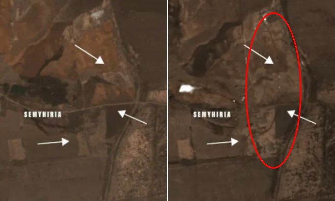 러시아가 러시아 국경에서부터 우크라이나 도네츠크와 자포리자, 헤르손, 루한스크 등 점령지를 따라 요새를 구축한 것으로 보인다는 분석이 나왔다. 왼쪽은 2022년 3월, 오른쪽은 2023년 1월 루한스크 서쪽 지역 모습