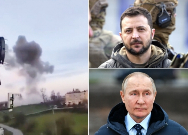 2022년 11월 15일(현지시각) 경로를 벗어난 미사일 2발이 폴란드 동부 우크라이나 국경지대 마을 프르제워도우에 떨어져 2명이 사망했다(왼쪽), 오른쪽 위는 젤렌스키 우크라이나 대통령, 아래는 푸틴 러시아 대통령