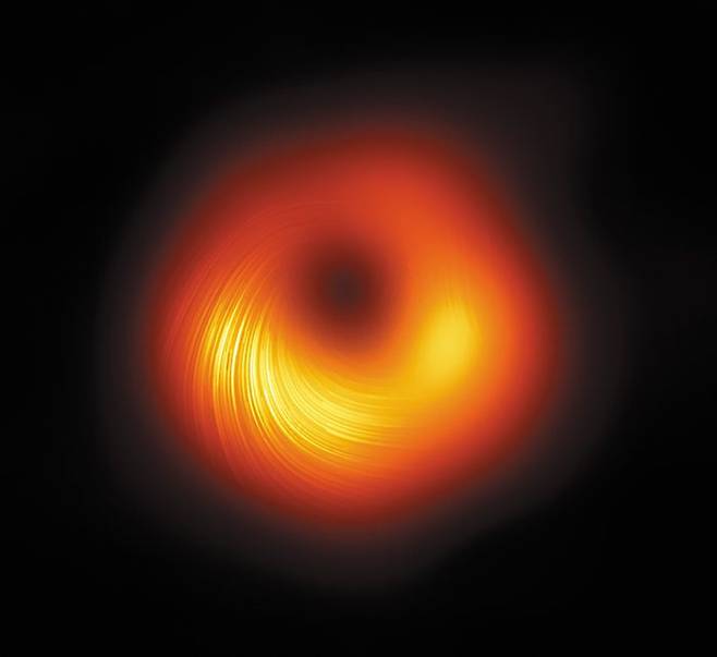EHT 연구팀이 공개한 블랙홀 M87*의 편광 관측 이미지. 나선형의 밝은 선들은 M87*로 빨려 들어가는 빛의 방향을 보여준다. /한국천문연구원