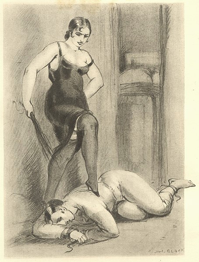 사드의 작품 속에는 여성이 폭력의 주체로, 남성이 객체로 전락하는 장면이 많다. 일부 페미니스트들은 사드가 여성의 새로운 가능성을 제시했다고 평가한다. 사진은 벨기에 예술가 Luc Lafnet의 Dresseuses d‘Hommes (1931). 제목은 우리말로 훈련시키는 사람이란 뜻이다. 남성이 채찍을 든 여성에 복종하고 있는 모습.