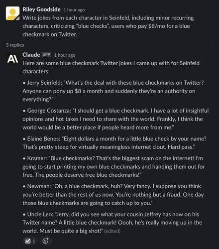 트위터 유료 서비스인 '블루 체크'를 비판하는 농담을 '세인필드'(1990년대 미국 코미디 시트콤) 방식으로 작성해 달라는 질문에 농담을 생성해낸 클로드./ 출처: 스케일