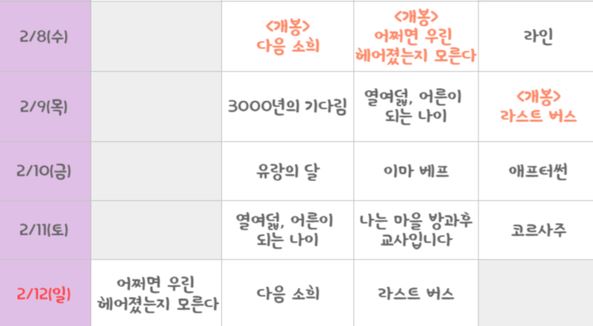 인디플러스 포항 2월 1차 상영표.