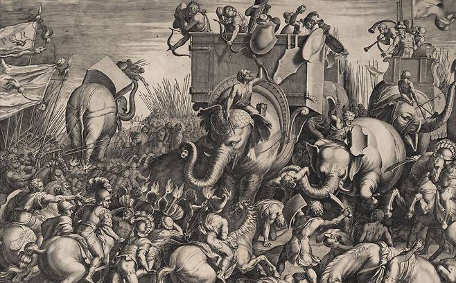 카르타고의 코끼리 부대에 맞서는 로마군 - 스키피오가 이끄는 로마군이 자마에서 한니발의 카르타고군과 맞서 싸우는 전투 장면을 묘사한 16세기 그림. 이탈리아 화가 줄리오 로마노와 네덜란드 화가 코넬리스 코르트가 그린 그림으로 미국 뉴욕 메트로폴리탄 미술관이 소장하고 있다. 로마군은 제해권 장악에 힘입어 이 전투에서 승리하면서 2차 포에니 전쟁의 승기를 잡았고, 결국 카르타고를 완전히 궤멸시키며 지중해 세계를 지배하게 됐다. /메트로폴리탄 미술관