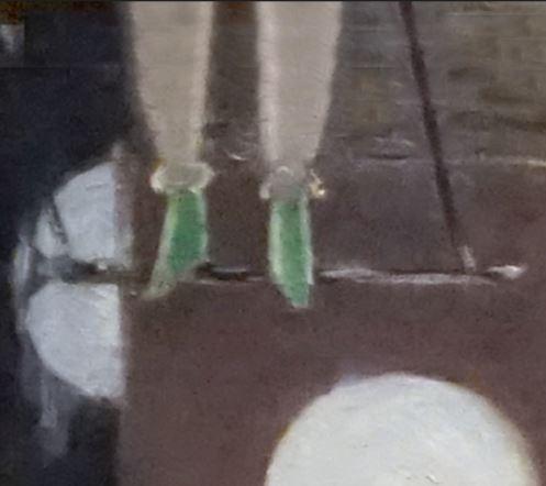 '폴리-베르제르의 바'의 좌측 상단에 있는 그네 타는 곡예사의 초록 구두