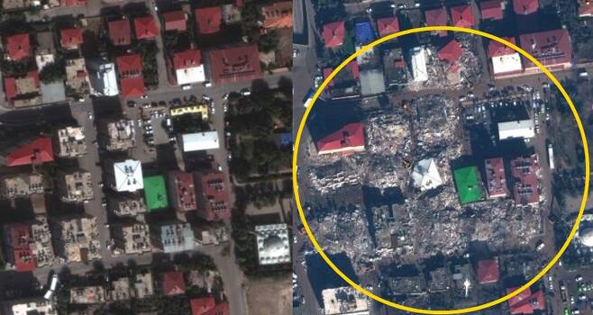 민간 상업위성업체 맥사 테크놀로지가 위성으로 촬영한 이슬라히예 지역의 지진 전과 후 모습