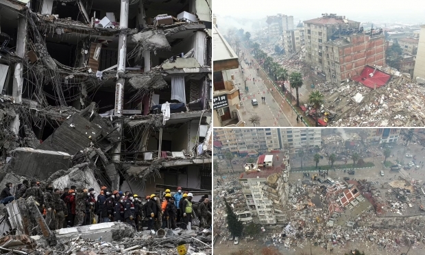 6일(현지시간) 튀르키예 카흐라만마라슈에서 발생한 지진으로 인해 건물이 파손되고 붕괴된 모습이 일반적으로 보여지고 있다. 로이터 연합뉴스
