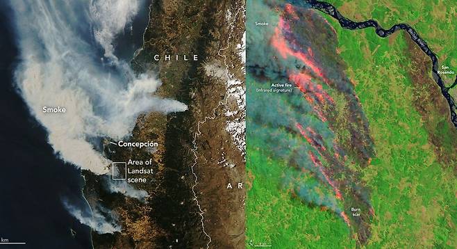 NASA의 지구관측위성으로 포착한 칠레 산불의 모습. 사진=NASA