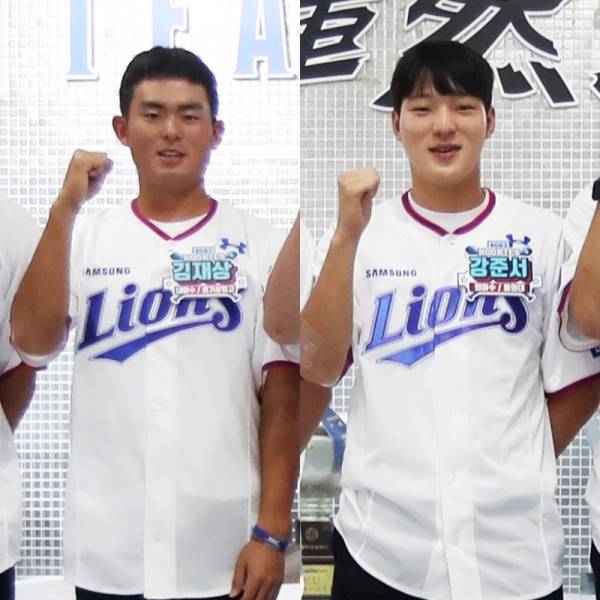 지난해 삼성 신인 환영 행사에서 라이온즈파크를 찾은 김재상과 강준서. 삼성 제공