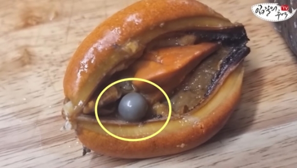 어류 칼럼니스트 김지민씨가 홍합을 먹던 중 흑진주 모양을 발견했다. 유튜브 채널 ‘입질의 추억’