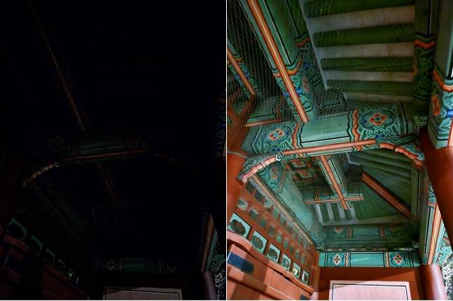 갤럭시S23 플러스로 촬영한 사진. 왼쪽은 일반, 오른쪽은 야간모드를 적용했다. 야간모드를 적용하니 깜깜했던 서까래에 무늬가 선명히 드러났다./사진=백유진 기자 byj@