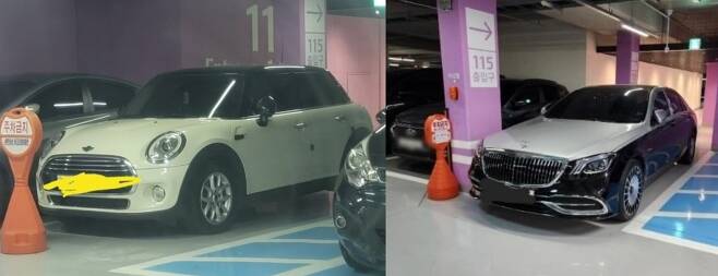 지하 주차장 출입로를 막은 BMW, 마이바흐 차량의 모습. (온라인 커뮤니티 갈무리)