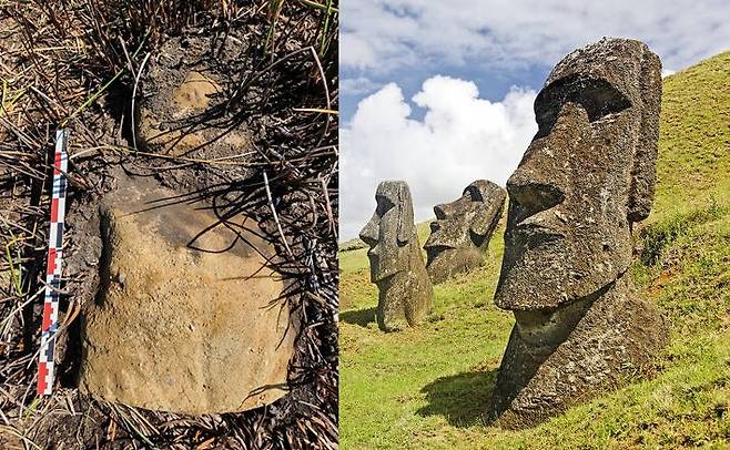 최근 호수 바닥에서 발견된 모아이 석상(왼쪽)과 섬 주위에 세워진 모아이 석상들. AFP 연합뉴스