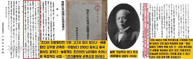 1917년 조선총독부관측소장인 히라타 도쿠타로는 “세종 때의 강우량 관측은 조선인의 뇌리에서 나온 독창적인 사업”이라고 극찬했다. 기상학자 와다 유지도 “측우제도를 구축하여 전국에 보급한 것은 ‘명군’ 세종의 거룩한 뜻에 의한 것”이라고 평가했다.|와다 유지의 ‘조선 고대 관측기록 조사보고’(조선총독부), 1917에서