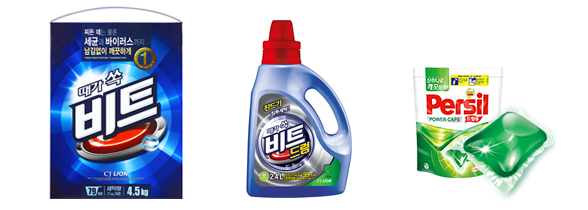 왼쪽부터 분말형, 액체형, 캡슐형 세제. 출처=CJ라이온·퍼실 홈페이지