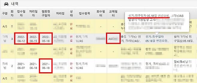 A업체의 내부자료. 지난해 8월 15일 필터 청소를 했지만 한국자동차환경협회에 지난해 5월 18일에 필터 청소한 것으로 신고하라는 내용이 담겨 있다. 이는 정부가 필터 청소 간격을 11개월 이내로 정하고 있어 제대로 신고하면 정부보조금을 받을 수 없기 때문이다. 이 업체는 이 차량에 가짜 DPF필터로 알려진 이른바 'N필터'도 장착했다. 독자 제공