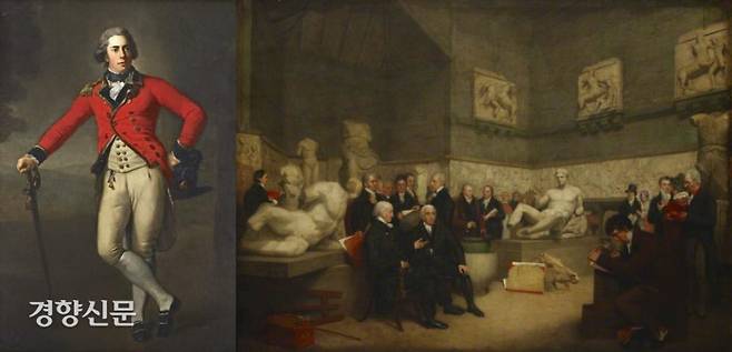 ‘파르테논 마블스’를 약탈해간 엘긴(왼쪽 사진). 엘긴에 뜯어간 마블스는 1816년 영국박물관에 3만5000파운드에 팔렸다. 오른쪽 사진은 박물관 관계자들과 이사진, 관람객들이 임시전시실에 보관해둔 ‘마블스’를 보고있는 모습이다. (출처:위키피디아)