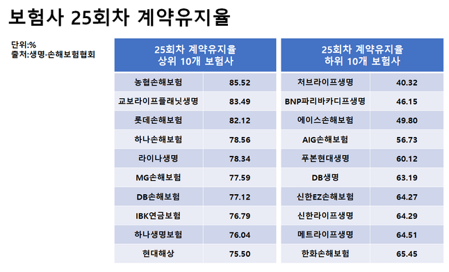 보험사 지난해 상반기 말 25회차 계약유지율 표.ⓒ데일리안 김재은 기자