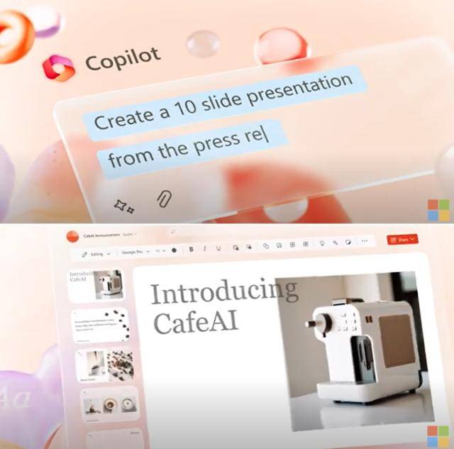 마이크로소프트(MS)가 16일(현지시간) 공개한 코파일럿 시연 장면. "10장짜리 발표용 PPT를 만들어 달라"고 지시하자 코파일럿은 바로 만들어냈다. MS 영상 캡처