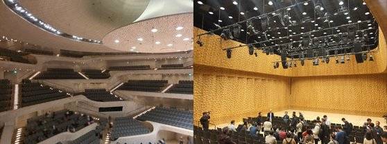 18일(현지시간) 독일 함부르크에 있는 엘프필하모니 콘서트홀 내 그랜드홀(왼쪽)과 리사이트홀의 모습. 이날 취재 이후 함부르크필하모닉의 리허설이 그랜드홀에서 진행됐다. 나운채 기자