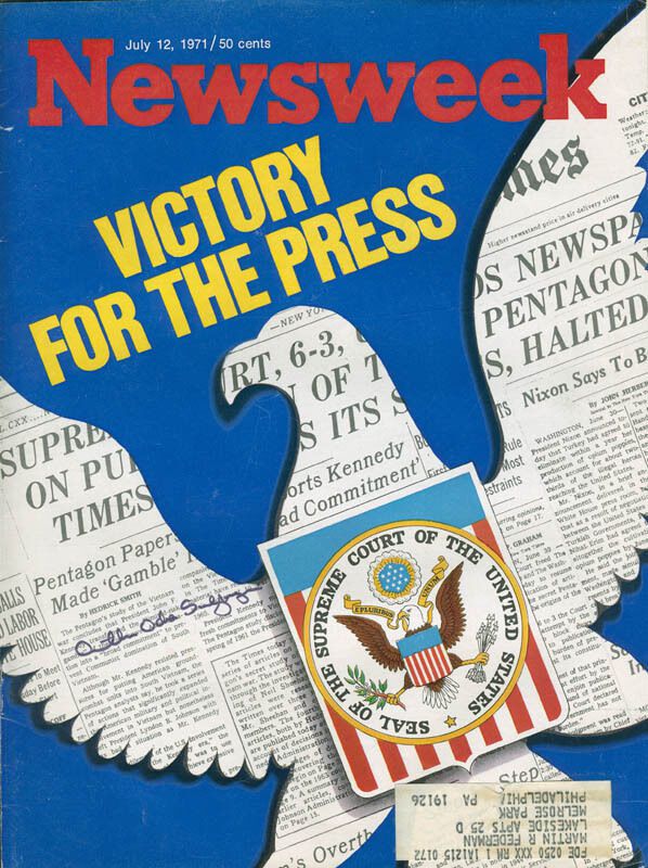 1971년 7월 12일자 미국 시사주간지 뉴스위크. NYT가 펜타곤페이퍼 보도와 관련해 대법원으로부터 행정부에 대해 승소 판정을 받았다는 사실을 표지에 '언론의 승리(Victory for the Press)'는 제목으로 전하고 있다./Newsweek