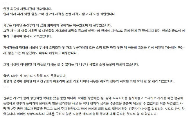 16시간 의자에 결박되는 등 1년여간 친부와 계모의 학대를 받아 숨진 인천 초등학생의 친모가 친부도 공범으로 처벌해야 한다고 호소했다. /사진=네이버 온라인 카페 '그것이 알고싶다 네티즌 수사대'