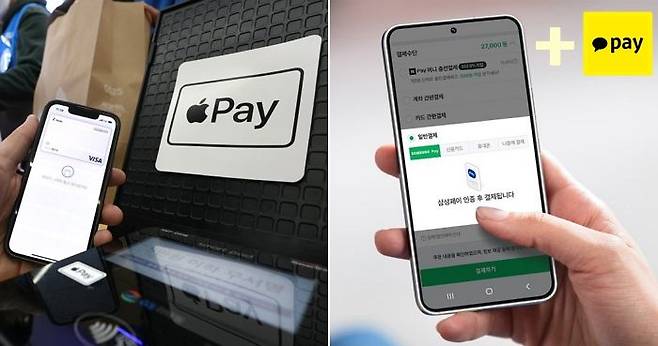 (왼) 아이폰으로 애플페이 결제 이용 중인 모습. 뉴스1, (오) 삼성페이를 통해 네이버페이 간편결제 이용 중인 삼성 스마트폰의 모습. 삼성전자