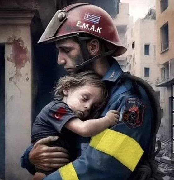 튀르키예·시리아 대지진 모금 사기에 악용됐던 가짜 소방관 사진. AI가 흔히 저지르는 실수인 ‘손가락 6개’가 수상하게 여겨져 사기인 것이 드러났다. 사진 트위터 캡처