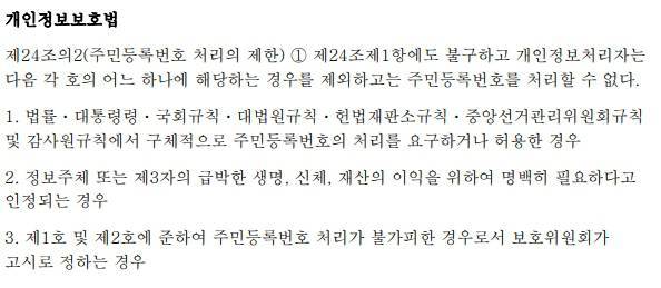 개인정보보호법에 명시된 주민등록번호 예외적 처리 허용 사유. 출처=국가법령정보센터