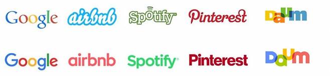 구글, 에어비앤비, 스포티파이, 핀터레스트, 다음의 기업 로고(CI) 교체 전(위) 후(아래) 디자인.
