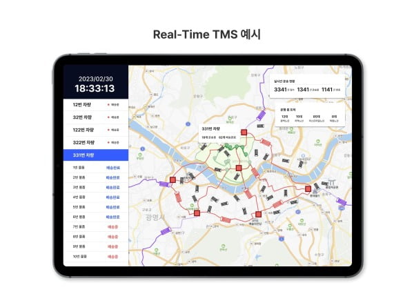실시간 배송 관리 시스템(TMS)의 예시 이미지. 데이터를 연속적으로 수집할 수 있다. 브이투브이 제공