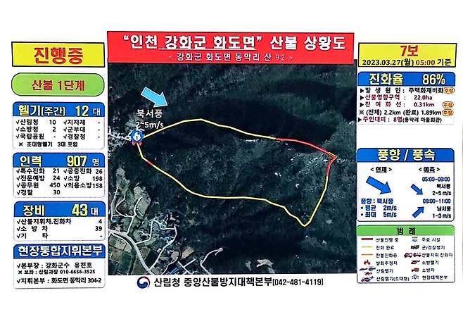 인천 강화도 마니산 산불 상황도.|산림처 제공
