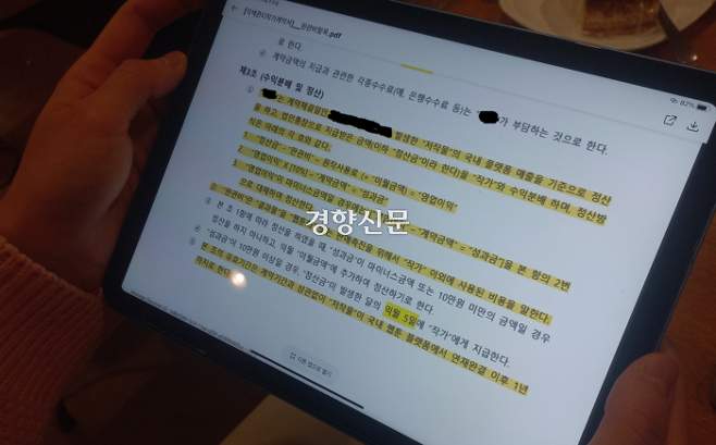 웹툰작가 B씨가 지난 15일 서울 마포구의 한 카페에서 2019년 스튜디오 제작사로부터 제안 받은 계약서를 보이고 있다. 윤기은 기자