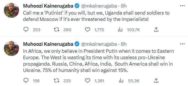 무후지 카이네루가바 우간다 지상군 사령관이 30일(현지시간) 트위터에 "우간다는 러시아가 제국주의자들로부터 위협을 받으면 군대를 보내 방어할 것이다"고 밝혔다. (무후지 카이네루가바 트위터 갈무리)