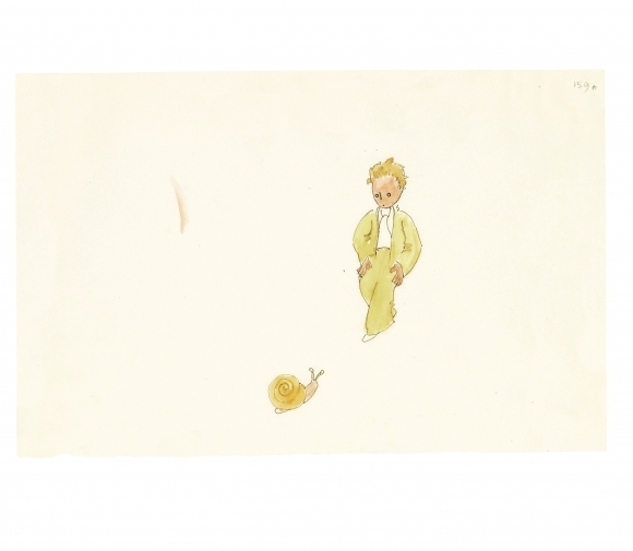생텍쥐페리가 ‘어린 왕자’를 준비하면서 그린 ‘어린 왕자와 달팽이’(1942). 미국 뉴욕 모건도서관·박물관에 소장된 작품으로 ‘어린 왕자’ 출간 80주년을 맞아 공개됐다. 위즈덤하우스 제공