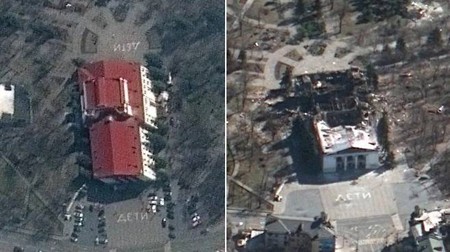 작년 3월 마리우폴 극장의 폭격 전후 비교 위성사진./Maxar Technologies