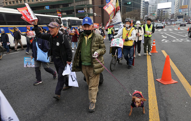 대일 굴욕외교 규탄 범국민대회에 참석하려는 한 시민이 반려견과 함께 서울시청을 향해 행진하고 있다.