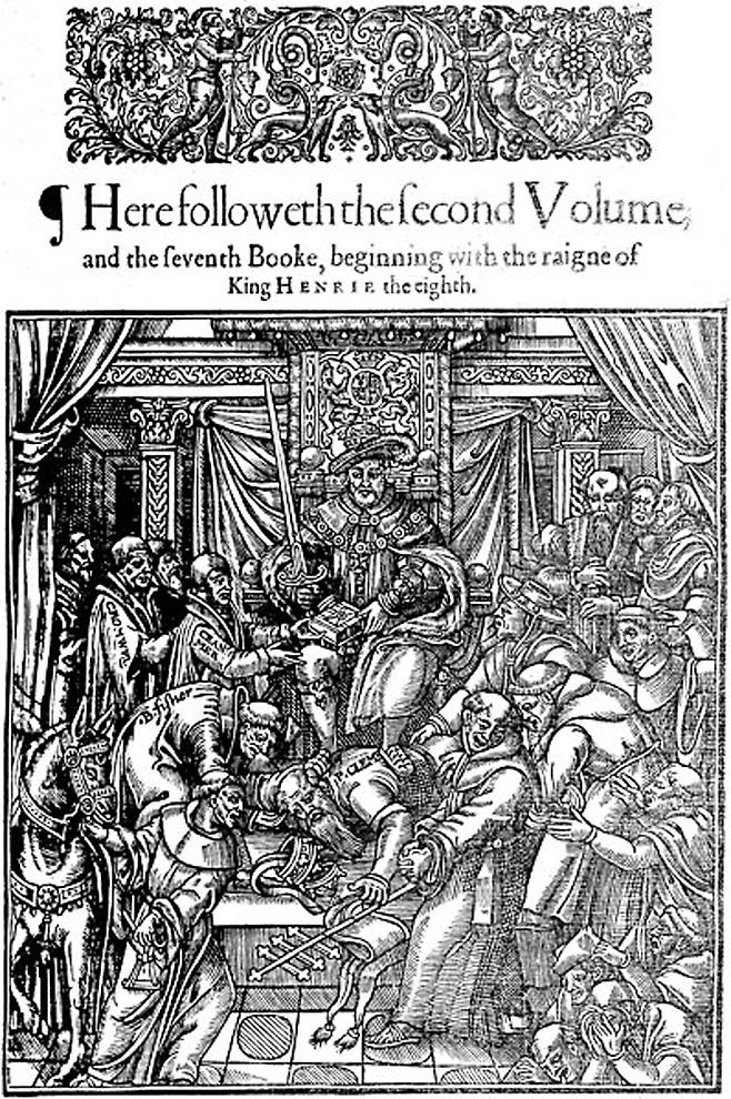“영국의 주인공은 나야 나”. 헨리8세가 교황 클레멘스7세 몸에 발을 얹고 있는 모습을 묘사한 그림. 영국 교회 최고 수장이 왕임을 설명한다. <사진 출처=위키피디아>