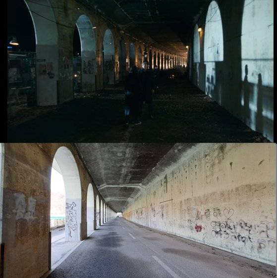 길복순과 차민규가 맞붙었던 터널은 옛 강촌역 옆 피암터널이다. MT 명소로 인기를 누리던 시절의 추억을 엿볼 수 있는 낙서가 여전히 터널 곳곳을 채우고 있다. 사진 넷플릭스, 이선자 제공